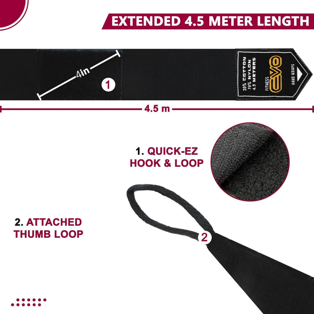 EVO Fitness Bandages Boxing Hand Wraps Elasticated 4.5 meter MMA Martial Arts Inner Gloves Mitts Protector Muay Thai Kick Boxing