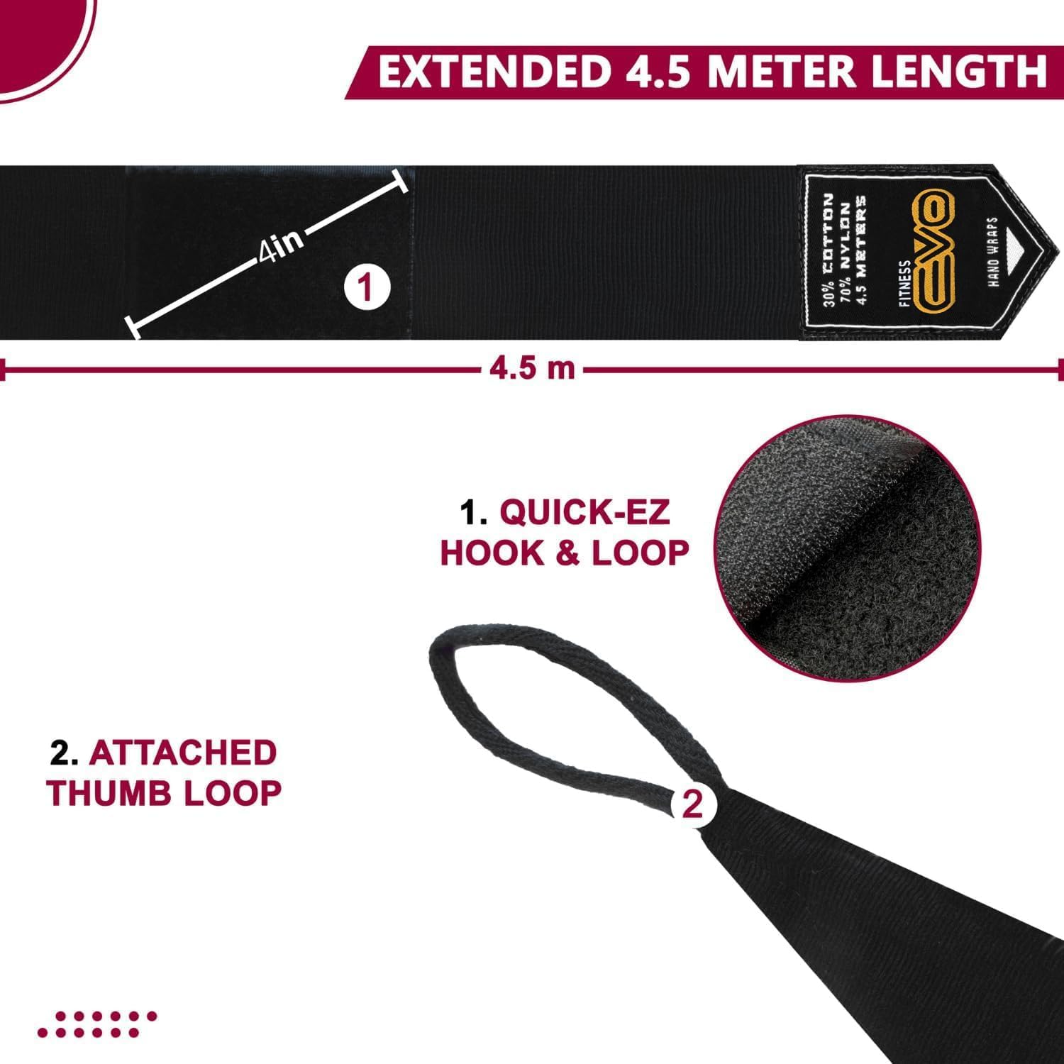 EVO Fitness Bandages Boxing Hand Wraps Elasticated 4.5 meter MMA Martial Arts Inner Gloves Mitts Protector Muay Thai Kick Boxing