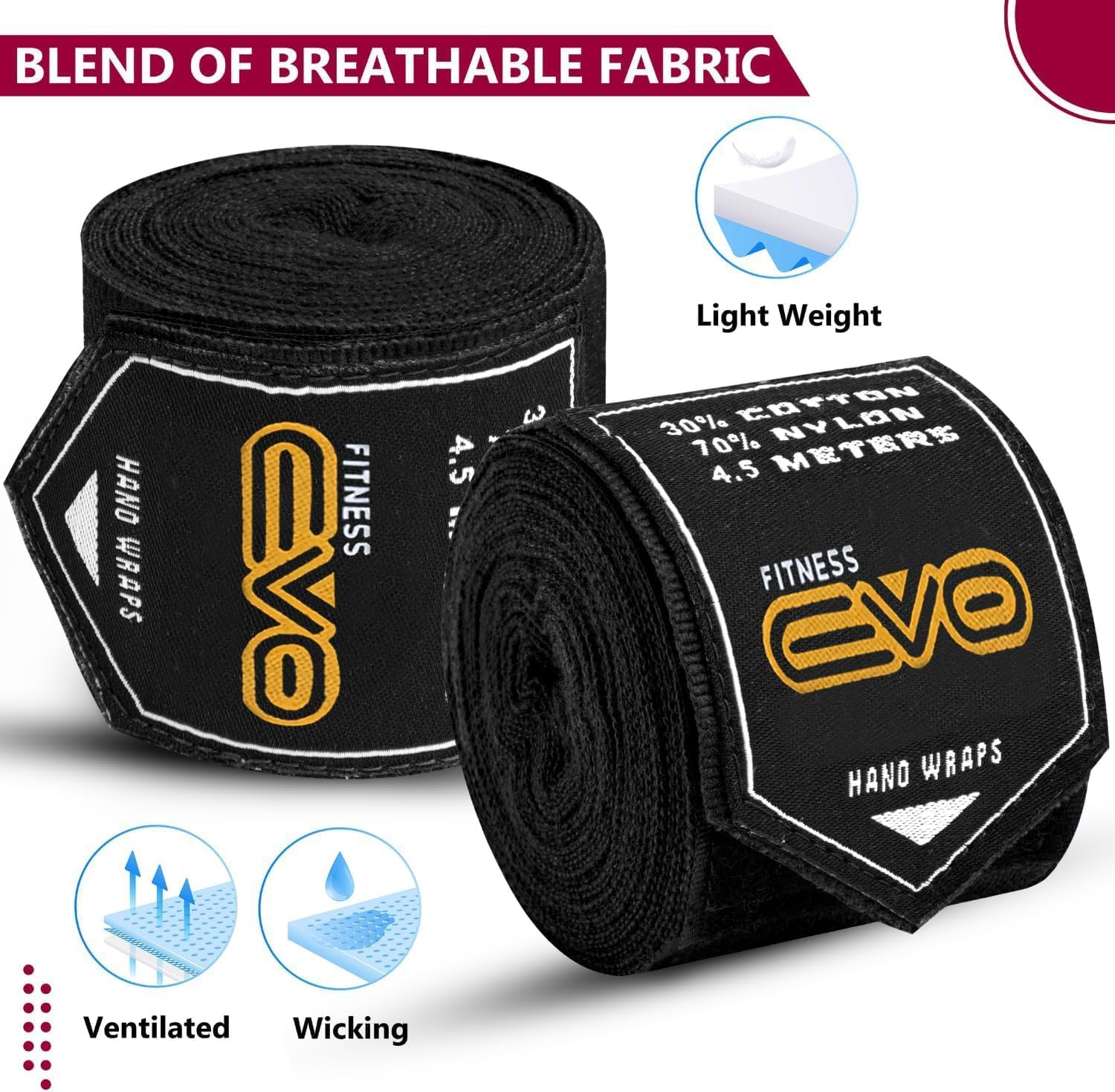 EVO Fitness Bandages Boxing Hand Wraps Elasticated 4.5 meter MMA Martial Arts Inner Gloves Mitts Protector Muay Thai Kick Boxing