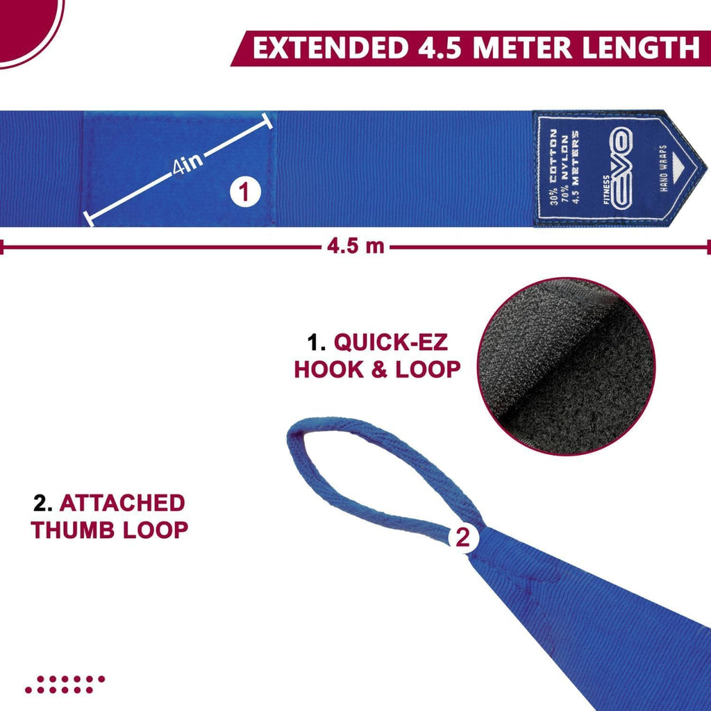 EVO Fitness Bandages Boxing Hand Wraps Elasticated 4.5 meter MMA Martial Arts Inner Gloves Mitts Protector Muay Thai Kick Boxing