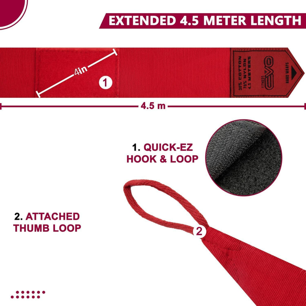 EVO Fitness Bandages Boxing Hand Wraps Elasticated 4.5 meter MMA Martial Arts Inner Gloves Mitts Protector Muay Thai Kick Boxing