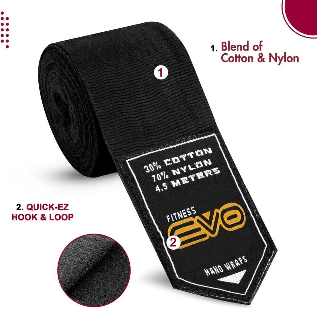 EVO Fitness Bandages Boxing Hand Wraps Elasticated 4.5 meter MMA Martial Arts Inner Gloves Mitts Protector Muay Thai Kick Boxing