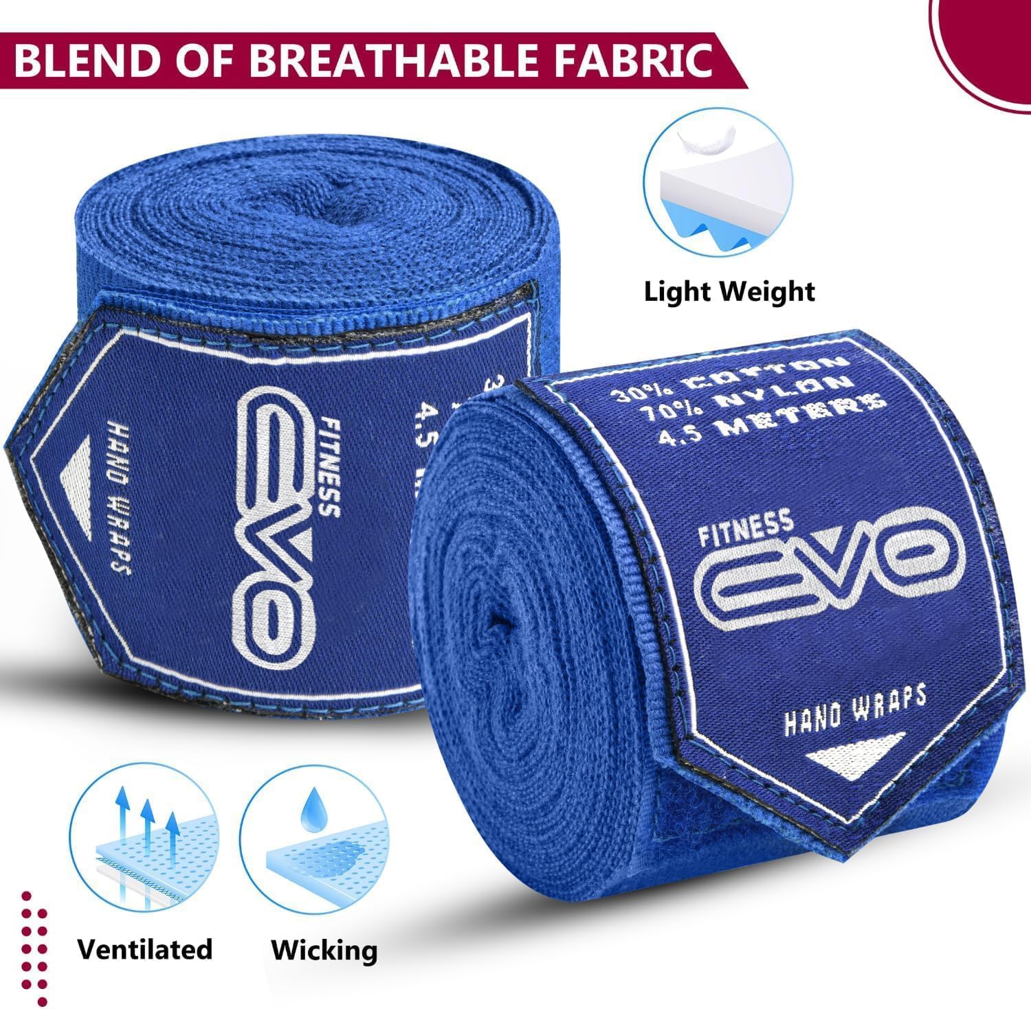 EVO Fitness Bandages Boxing Hand Wraps Elasticated 4.5 meter MMA Martial Arts Inner Gloves Mitts Protector Muay Thai Kick Boxing